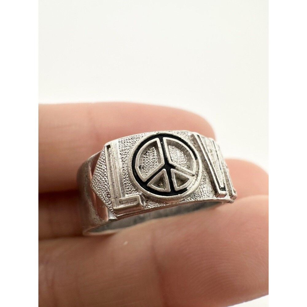 Vintage Sterling Silver Love Peace Sign Wide Band Ring Size 8